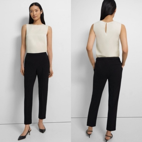Theory NWT Treeca Pull-On Glossed Black Trousers Stretch Ponte Pants Size M - Picture 1 of 10